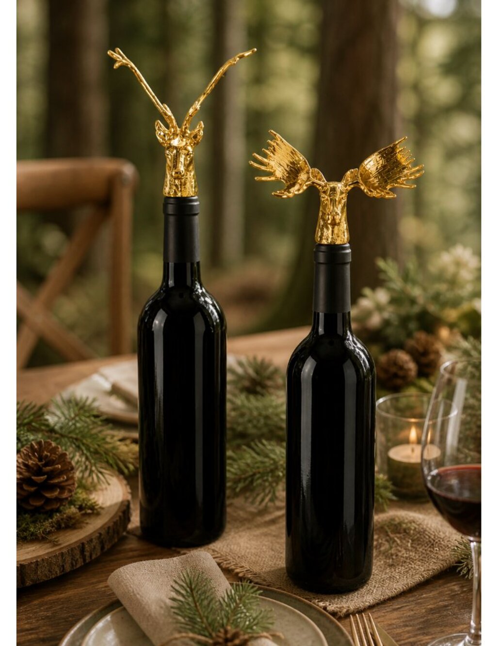 Set of Two Assorted Gold Gilded Resin Moose and Deer Stag Wine Bottle Stoppers